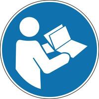 Read the instruction booklet before you start. Mandatory sign. Read the instruction manual booklet. Round blue sign. Safety before starting work with equipment. vector