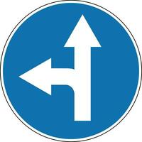 Sign move straight or left. Round blue sign. Mandatory sign. Straight ahead and turn left. Sign allows movement only straight and to left. Obey the rules of the road. Road sign. vector