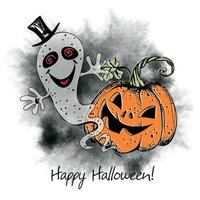 A Halloween greeting card. A ghost with a pumpkin. Vector