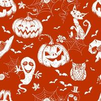 Seamless Halloween-themed pattern with pumpkins and various horror elements. Vector