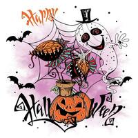 A Halloween greeting card. A ghost with a magic plant and a pumpkin. Vector