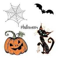 decorativo elementos para Víspera de Todos los Santos. calabaza y gato, araña web y murciélago vector