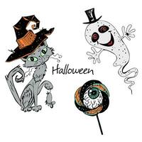 Decorative elements for Halloween. A cat in a witch's hat with a ghost, a lollipop with a horror eye. Vector