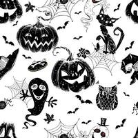 Seamless Halloween-themed pattern with pumpkins and various horror elements. Vector