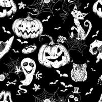 Seamless Halloween-themed pattern with pumpkins and various horror elements. Vector