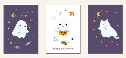 conjunto de linda fantasmas y gatos con calabazas contento Víspera de Todos los Santos. infantil de miedo y sonriente Siniestro caracteres. vector