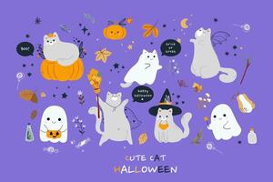 Set of cute ghosts and cats. Happy Halloween. Childish scary and smiling creepy characters. Great for your design, postcard, poster, kids room, logo, print. Isolated flat vector illustration