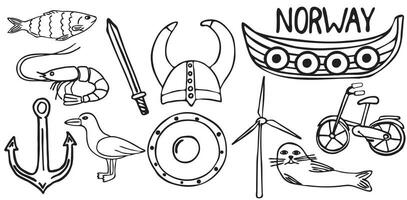 Norway attractions. Vector set in doodle style. Vikings, boat, helmet, shield, sword, seagull, bird, seal, windmills, shrimp, anchor, fish. Isolated on a white background.