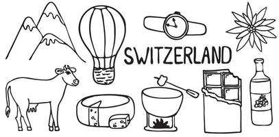 Switzerland set of attractions. Vector illustration. Mountains, balloon, fondue, chocolate, cow, cheese, wine. Isolated on a white background.