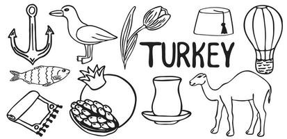 Turkish sights. Vector set in doodle style. tulip, pomegranate, fruit, camel, fish, anchor, turban, carpet, balloon, carpet. Isolated on a white background.