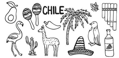 Symbols of Chile. Vector illustration. Maracas, flamingos, avocado, pepper, wine,palm, cacti, sombrero, llama. Isolated on a white background. doodle.