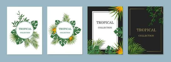 vector pancartas con verde tropical hojas, selva. exótico botánico adecuado para carteles, saludo tarjetas, pancartas o, invitaciones en un negro antecedentes