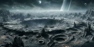 Generative AI, another alien planet surface relief, moon crater. Space background photo