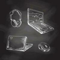 Vector hand-drawn electronic devices Illustration set. Detailed retro style laptop, wireless headphones, computer mouse sketch on chalkboard background. Vintage sketch element. Back to School.