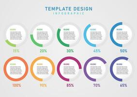 Infographic Template White Circles Center Letters Outer Circles divided into multi-colored sections on a gray background Multi colored percentage numbers below. gray gradient background vector