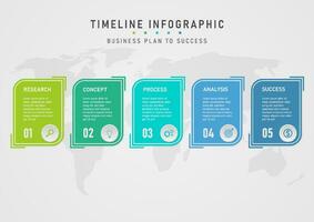 5 step infographic template business management multi colored acute squares white letter in center The bottom right corner has a circle and an icon. Below is a map. gray gradient background vector