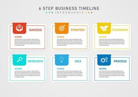infographic template 6 steps business plan to success white squares and multi colored outlines with letters in the center of the square in the upper left corner with icons. gray gradient background vector