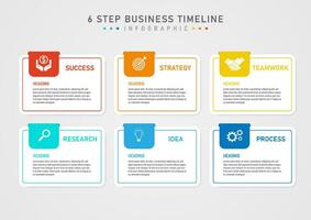 infografía modelo 6 6 pasos negocio plan a éxito blanco cuadrícula y multi de colores contornos con letras en el centrar de el cuadrado en el Superior izquierda esquina con iconos gris degradado antecedentes vector