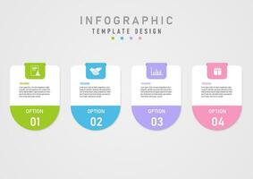 Template simple infographic 4 options square business with multi colored pastel semicircles Middle letters on white background, white numbers below, white icons above, gray gradient background. vector