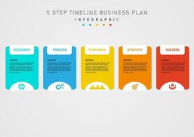 infographic 5 steps business plan success square multi color middle black letters white square top Center color characters The bottom white semicircle with the icon on a gray gradient background. vector