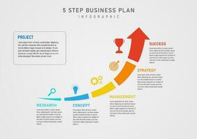 infografía 5 5 pasos. negocio plan para éxito flechas dividido dentro multicolor secciones Derecha lado con letras. en el izquierda allí es un icono. gris degradado antecedentes diseño para marketing, producto vector