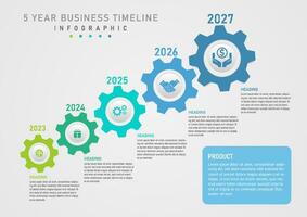 infographic timeline business 5 years multicolored gears aligned The circle in the middle with the icon above it has a number, the right side has a letter and a frame. gray gradient background vector