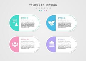 infografía modelo diseño 4 4 paso opciones negocio multi de colores blanco redondeado cuadrícula izquierda multicolor semicírculos y íconos letras en un blanco antecedentes en el medio gris degradado antecedentes vector