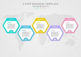 infographic template 5 business steps Multi-colored pastel hexagons The top has white letters. The semicircle below has an icon in the middle of the white background and the letter below has a map. vector