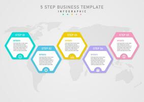 infographic template 5 business steps Multi-colored pastel hexagons The top has white letters. The semicircle below has an icon in the middle of the white background and the letter below has a map. vector