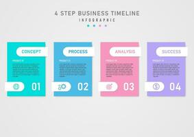 infographic template simple 4 business steps multi colored squares middle letter Below are numbers and icons on white rounded squares. gray gradient background design for marketing, product, project vector