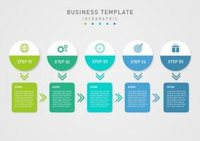 infographic 5 steps multi colored half circle business The white top has icons, the bottom has letters. Multi-colored squares below with letters in the middle. gray gradient background vector