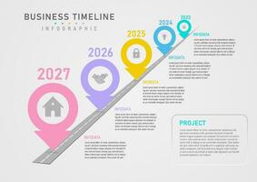 infographic isometric business timeline 5 years gray road multi colored pointed circles top layered In the middle there is an icon above it with numbers. On the right there are letters and frames. vector