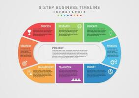 infographic 8 steps business management to success rounded polygonal color sections multicolored letters in center corner icons gray gradient background design for marketing, product, project vector