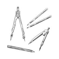 Vector hand-drawn school and office tools Illustration set. Detailed retro style Architect's compasses and pencils sketch. Vintage sketch element. Back to School.