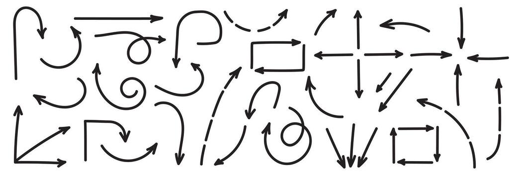 Curved arrows. Set of vector hand drawn arrows. Collection of pointers.