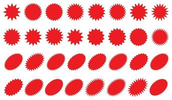 Starburst red sticker set - collection of special offer sale round and oval sunburst labels and buttons isolated on white background. Stickers and badges with star edges for promo advertising. vector