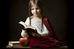 Cute little girl reading bible book. Worship at home. photo