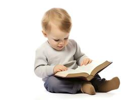 Cute baby boy reading holy bible book. Isolated on white photo