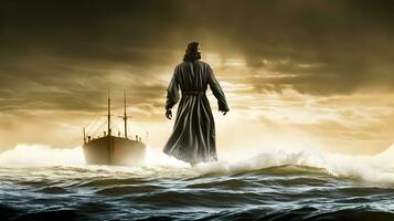 Jesus Christ walking on water across the sea towards a boat. photo