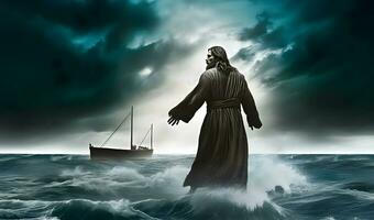 Jesus Christ walking on water across the sea towards a boat. photo