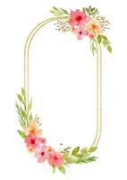 Floral Frame with red and yellow Flowers and golden texture. Hand drawn watercolor illustration of botanical Template for greeting cards or wedding invitations. Drawing on isolated background vector