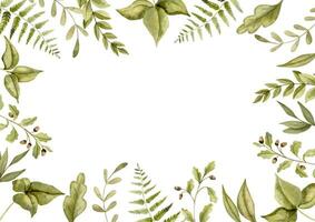 Woodland rectangular Frame. Hand drawn watercolor illustration with template for baby shower greeting cards or wedding invitations on isolated background. Border with forest leaves and branches vector