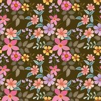 Colorful flowers with leaf on brown color background seamless pattern. vector