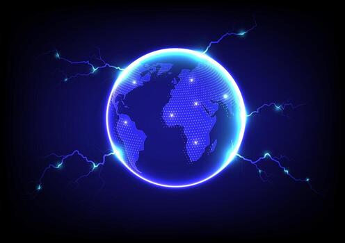 3d vector blue planet earth globe with glowing world map and lightning surround sphere on blue background. Internet network media technology globalization concept