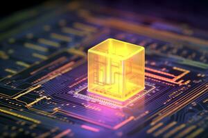 Data storage cube between neon pathways. Quantum computing, database, cloud computing concept. photo