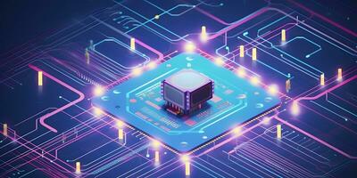 Data storage cube between neon pathways. Quantum computing, database, cloud computing concept. photo