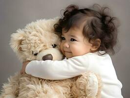Cute little girl and her toy teddy bear. Friendship, best friend concept. photo