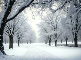 un Nevado camino en un parque con arboles ai generado foto