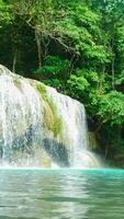 paysage naturel de belles cascades d'erawan dans un environnement de forêt tropicale humide et une eau émeraude claire. nature incroyable pour les aventuriers parc national d'erawan, thaïlande video