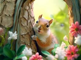 Closeup view of cute squirrel on the tree. AI generated photo